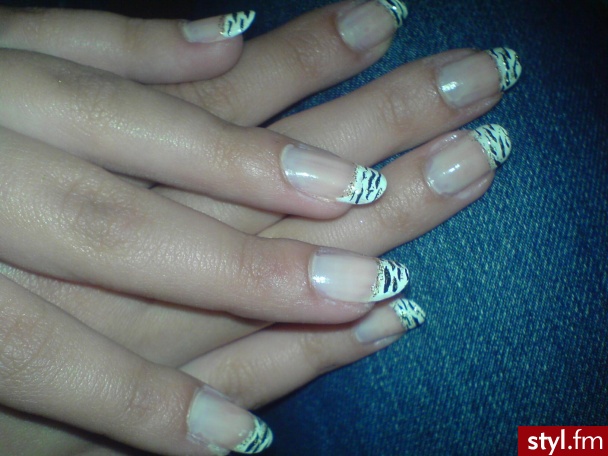 French + zebra + złoty brokat - Paznokcie