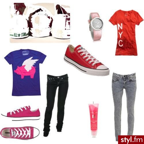 Różowe trampki - Converse 131 PLN 
Czerwone trampki - Converse 130 PLN 
Niebieska koszulka - Glamour Kills 120 PLN 
Czerwona koszulka - American Eagle Outfitters 45 - Styler