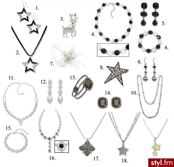 Kolekcja Bijou-Brigitte. 1. Kolczyki gwiazdki, 29 zł, 2. Naszyjnik gwiazdka do kompletu kolczyków, 25 zł, 3. Broszka renifer, 29 zł, 4. Naszyjnik z czarnych i przezroczystych koralików, 150 zł, 5. Kolczyki z czarnych kamieni, 29 zł, 6. Bransoletka z koral - Pozostałe Dodatki Moda