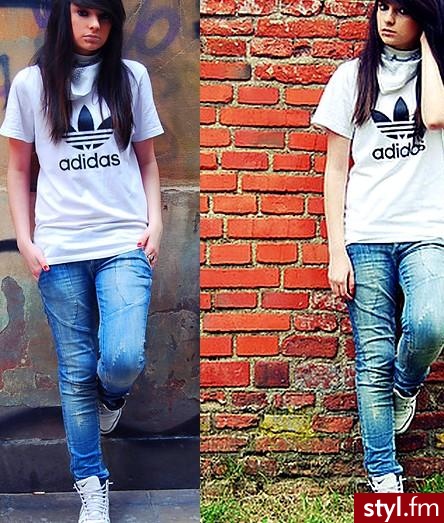 stare, w dlugich wlosach;). wiec zdjecie jeszcze w dlugich włoskach;) co do ciuchów to buty białe nike, bluza prezent od brata, apaszka w galerii handlowej, zadna znana marka ;) spodnei C&A - Moda uliczna Inne Moda