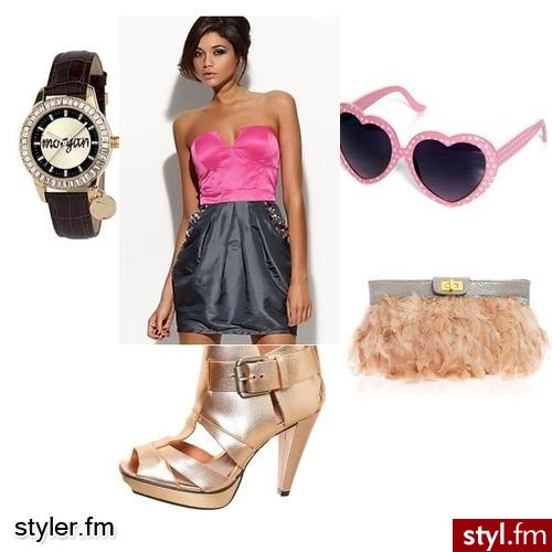 strój wyjściowy. elegancka sukienka do tego pierzysta,podręczna torebeczka,buty z modnym wysokim podbiciem,zegarek,okulary przeciwsłoneczne - Styler