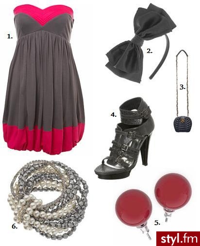 Miss Selfridge. Miss Selfridge 1. sukienka £35.00 2. opaska £10.00 3. torebka £22.00 4. buty £45.00 5. kolczyki £4.00 6. bransoletka £12.00 - Styler