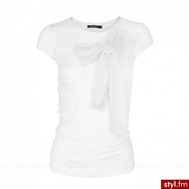 T-shirt - Pretty Girl. Dziewczęcy t-shirt z wiosenno-letniej kolekcji Pretty Girl. Ma krótkie rękawki, półokrągły dekolt. Gładki, biały, z doczepioną fantazyjną kokardą w drobne groszki. Pasuje do jeansowej mini czy plisowanej, rozkloszowanej spódniczki i - Pozostałe Ciuchy Moda