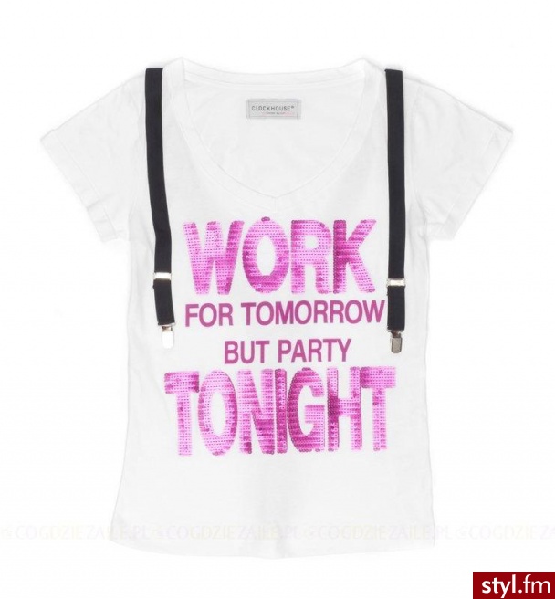 T-shirt - C&A. Dziewczęcy, zabawny t-shirt z nowej, wiosenno-letniej kolekcji C&A. Biały, z krótkimi rękawami, nadrukiem w kształcie szelek i napisem z cekinów. - Pozostałe Ciuchy Moda