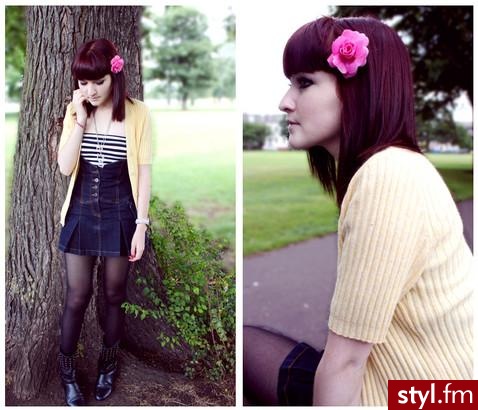 #  1. yellow cardigan, £2, United Colours of Benetton, in cardigans
# 2. stripey boobtube, Primark, in shirts (sleeveless)
# 3. high-waisted skirt, £5, Topshop, in skirts
# 4. studded boots, £10, Peacocks, in boots - Pozostałe Ciuchy Moda