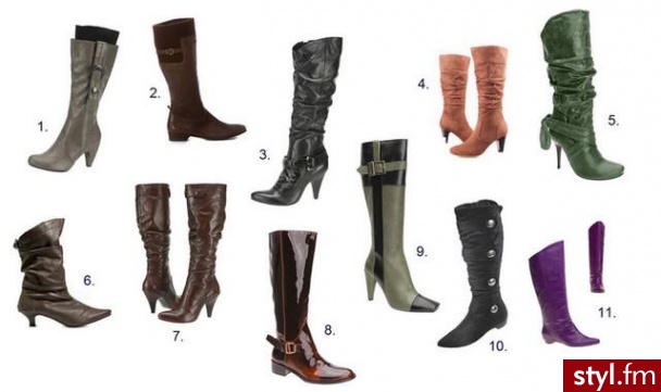1.Kozaki Blink Filippa, www.butyk.pl, 210 zł. 
2.Brązowe kozaczki, Reserved, wzór. 
3.Kozaki Bronx Gioia, www.butyk.pl, 469 zł. 
4.Zapinane z boku na zamek błyskawiczny z elastyczną wstawką, www.bonprix.pl, 89 zł. 
5.Kozaki Kazar, wzór. 
6.Brązowe z - Pozostałe Buty Moda
