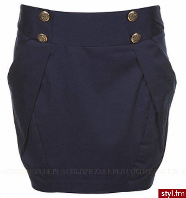 Spódnica - Topshop. Krótka, elegancka spódnica z wiosenno-letniej kolekcji Topshop. Gładka, w kolorze eleganckiego granatu, o geometrycznym fasonie. Z ciekawymi zakładkami i ozdobnymi guzikami naszytymi symetrycznie. Doskonały wybór do kobiecego sweterka  - Pozostałe Ciuchy Moda
