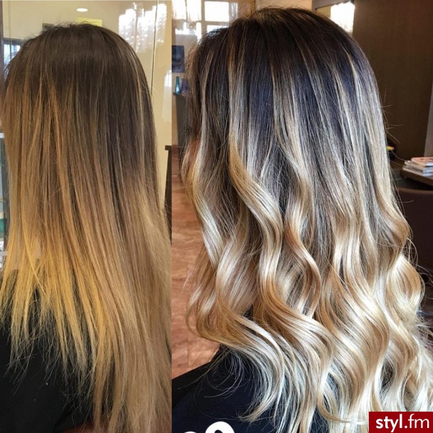 sombre z Olaplex fryzjer Warszawa salon FOR HAIR - Blond Rozpuszczone Kręcone z grzywką Wieczorowe Długie Fryzury