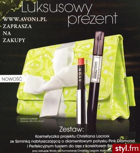 Zestaw zawiera:

-Kosmetyczkę projektu Christiana Lacroix

-Szminka nabłyszczająca o diamentowym połysku "Pink Diamond"

-Perfekcyjny tusz do rzęs z korektorem Black

        =) - Gadżety Inne Moda