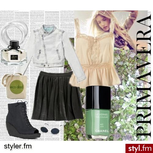 Primavera. Kurtka RESERVED, Top TOPSHOP, Buty VAGABOND, Biżuteria RESERVED, Perfumy GUCCI BY FLORA, Lakier CHANEL JADE, Spódnica Okulary Torba NO NAME (?). - Styler