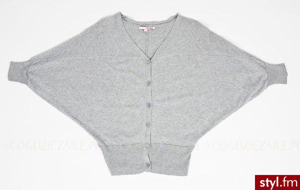 Sweter - Tally Weijl. Wiosenny, rozpinany sweterek z nowej kolekcji Tally Weijl. Gładki, cienki, w kolorze szarego melanżu. Ma fantazyjny fason \"nietoperza\", ściągacz na dole i przy rękawach oraz trójkątny dekolt. - Pozostałe Ciuchy Moda