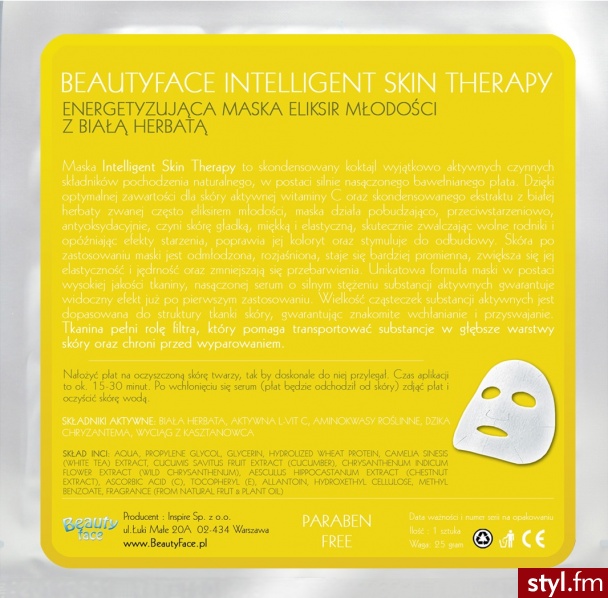 BEAUTYFACE INTELLIGENT SKIN THERAPY ENERGETYZUJĄCA MASKA "ELIKSIR MŁODOŚĆ" Z BIAŁĄ HERBATĄ - Kosmetyki