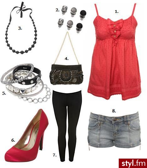Miss Selfridge. Miss Selfridge 1. bluzka £10.00 2. kolczyki £8.00 3. naszyjnik £8.00 4. torebka £35.00 5. bransoletki £12.00 6. buty £40.00 7. leginsy £12.00 8. spodenki £12.00 - Styler