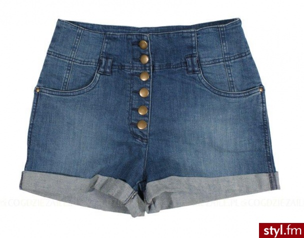 Szorty - H&M. Krótkie, jeansowe szorty z nowej, wiosenno-letniej kolekcji H&M. Niebieskie, o podwyższonym stanie. Z mini-szlufkami, zapięciem na rząd metalowych guziczków i półokrągłymi kieszeniami wzmacnianymi nitami. - Pozostałe Ciuchy Moda