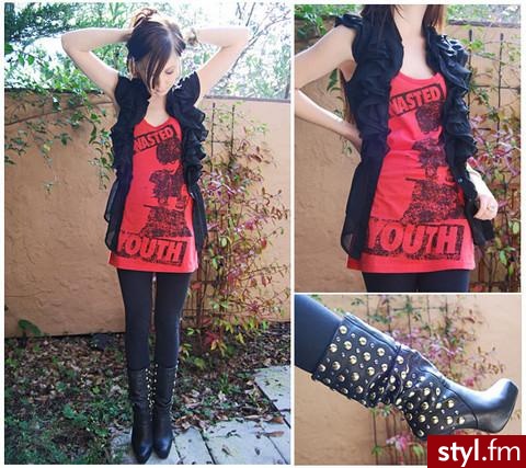 #  1. Wasted Youth shirt, ASOS, in shirts (sleeveless)
# 2. Ruffled sheer blouse, Romeo & Juliet, in blouses
# 3. Studded boots, Bakers, in boots - Pozostałe Ciuchy Moda