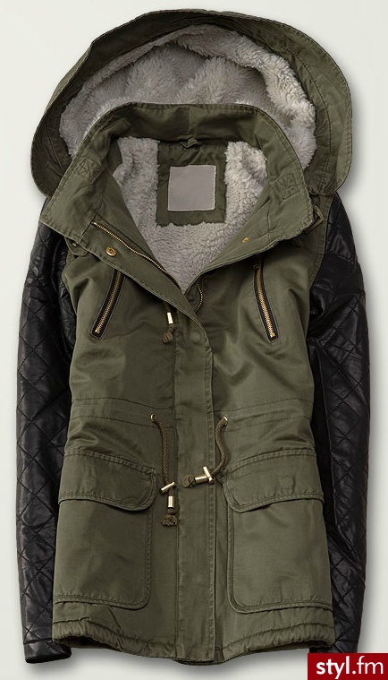 Kurtka khaki ze skórzanymi rękawami - Kurtki Okrycia Moda
