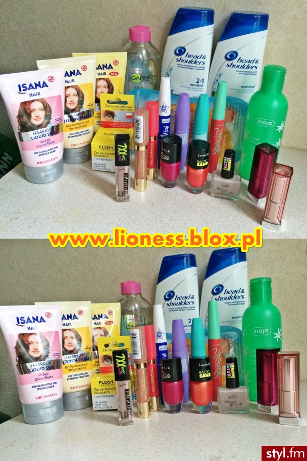 Moje zakupy... Więcej informacji o tych produktach znajdziecie w FILMIE: https://www.youtube.com/watch?v=v55pn-0bAT8 jak i w NOTCE NA BLOGU: http://lioness.blox.pl/2014/05/WIELKI-HAUL-ZAKUPY-KOSMETYCZNE-Rossmann-Promocja.html - Kosmetyki