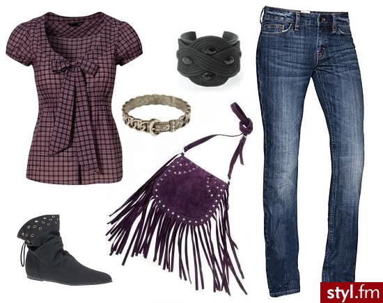 Koszula H&M, 79,90 zł; czarna bransoletka Accessorize, ok. 49 zł; srebrna bransoletka - pasek Pull and Bear, 19,90 zł; botki Aldo, ok. 244 zł; torba Orsay, 69,90 zł; dżinsy H&M, 139 zł - Styler