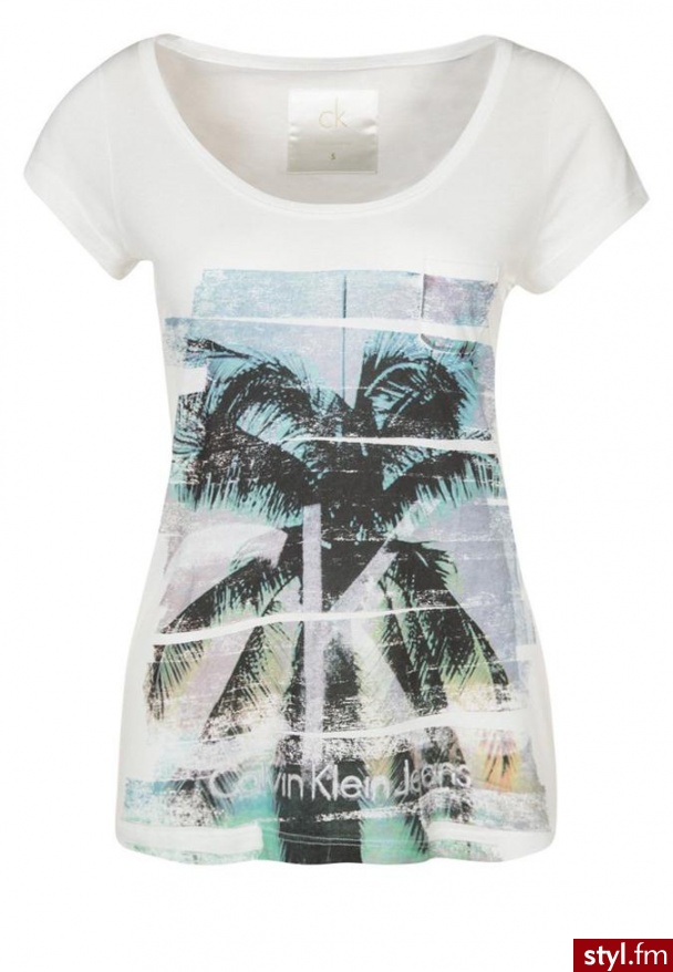 Calvin Klein Jeans SCOOP NECK PALMTREE Tshirt z nadrukiem biały - Bluzki Ciuchy Moda