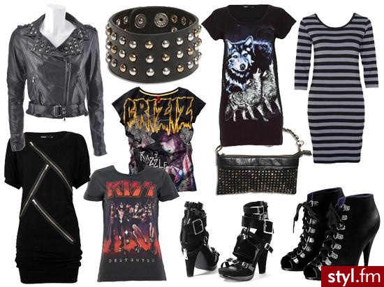 Glam Rock.... W zestawie: kurtka skórzana Imperial 849 zł (butyk.pl); bransoleta 34,90 zł KappAhl; koszulka z wilkami 79,99 zł Cubus; tunika w paski 69,99 zł Cubus; ćwiekowana torebka Kapp Ahl 79,90 zł; koszulka z zamkami 99,99 zł Cubus; koszulka z zespoł - Styler