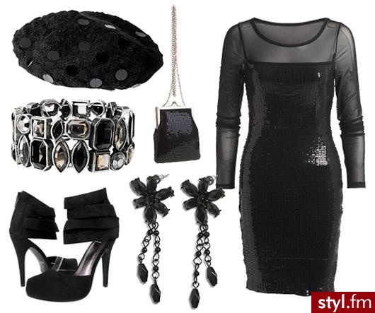 Modna elegancja-zestawienie na sylwestra. W zestawie: sukienka KappAhl 159 zł, cekinowa torebka na łańcuszku Bata 69 zł, kolczyki KappAhl 19,90 zł, buty Wild Diva 89 zł (bucikowo.pl), beret H&M 29,90 zł, bransoleta KappAhl 44,90 zł. - Styler