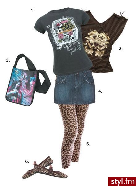 (1) t-shirt House - 49,90 (2) bluzka Fishbone - 54,95 (3) torba House - 9,90 (4) spódnica House - 99,90 (5) legginsy Amisu - 39,95 (6) buty Clarks - Styler
