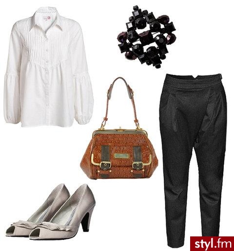 W zestawie: bluzka KappAhl 139 zł, broszka H&M 24,90 zł, buty H&M 119 zł, torba River Island ok. 200 zł, spodnie H&M 149 zł. - Styler