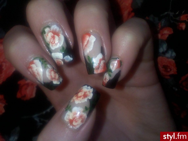 Roses -folklor style - Kwadratowe Malowane farbkami Naturalne Paznokcie