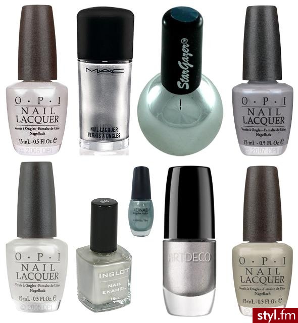 szary lakier do paznokci na letni sezon. lakier Birthday Babe OPI, ok. 40 zł; srebrny lakier MAC, ok. 50 zł; szary lakier StarGazer, 9,90 zł lakier Give Me The Moon OPI, ok. 40 zł; lakier Kyoto Pearl OPI, ok. 40 zł; lakier Inglot , 18 zł;szary lakier Kona - Paznokcie