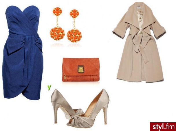 Na elegancką kolację lub bankiet. Bardzo lubię połączenie granatu z pomaranczowym ... tutaj sukienka H&M z pomarańczowymi dodatkami.
Cieliste szpilki z www.butyk.pl
Do tego beżowy płaszcz. - Styler