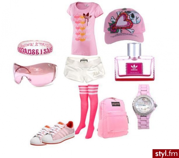 spodenki - abercrombie& fitch 
Perfum -Adidas  
Skarpety -Charlotte Russe 
Buty - adidas
T-shirt - adidas
Czapka- Ed hardy
Zegarek- hello kitty
okulary- versace
Plecak - JanSport - Styler