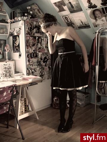 I swore I would never fall in love
With a boy in a rock & roll band

_______
#  1. bow as headband, in hair
# 2. black strapless dress, H&M, in dresses
# 3. button-up skirt, H&M, in skirts
# 4. plaid tights, in legwear
# 5. heels, tang - Pozostałe Ciuchy Moda