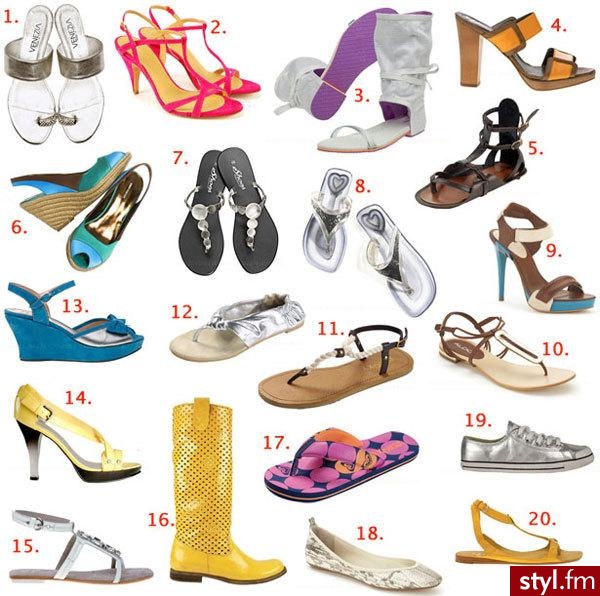 (1) przeźroczysto - srebrne klapki Venezia, 259zł, (2) amarantowe sandałki Venezia, 299zł, (3) odkryte saszki Puma, 349zł, (4) klapki na drewnianych podeszwach Bata, 239zł, (5) klasyczne rzymianki Roxy, 279zł, (6) buty na "sznurkowych" koturnach - Pozostałe Buty Moda