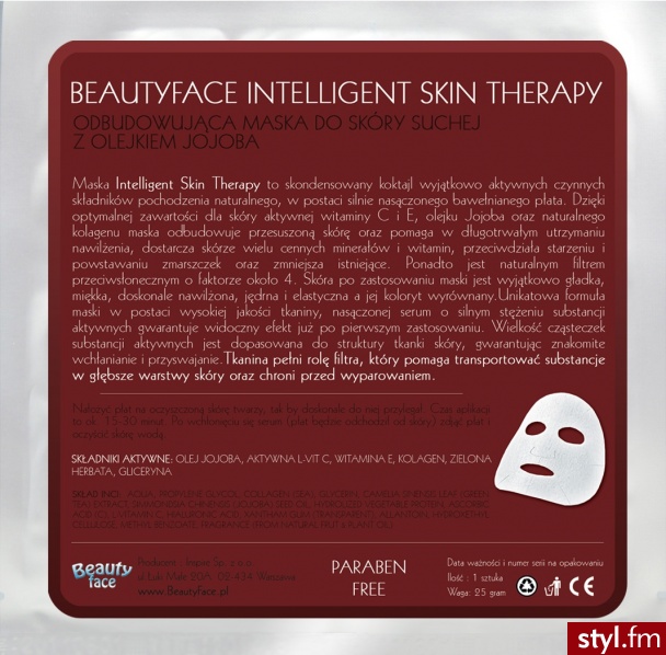 BEAUTYFACE INTELLIGENT SKIN THERAPY ODBUDOWUJĄCA MASKA DO SKÓRY SUCHEJ Z OLEJKIEM JOJOBA - Kosmetyki