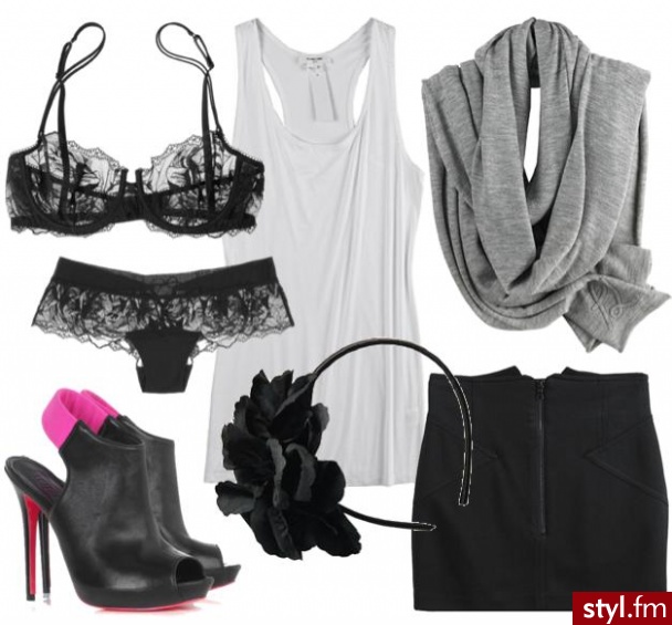 Tank - Helmut Lang,Mini Skirt - Alexander Wang,
Scarf - 3.1 Phillip Lim,Lace Bra - La Perla,
Lace Shorts - La Perla,Satin Headband - Fun,
Shoe Boots - Alexander McQueen - Styler