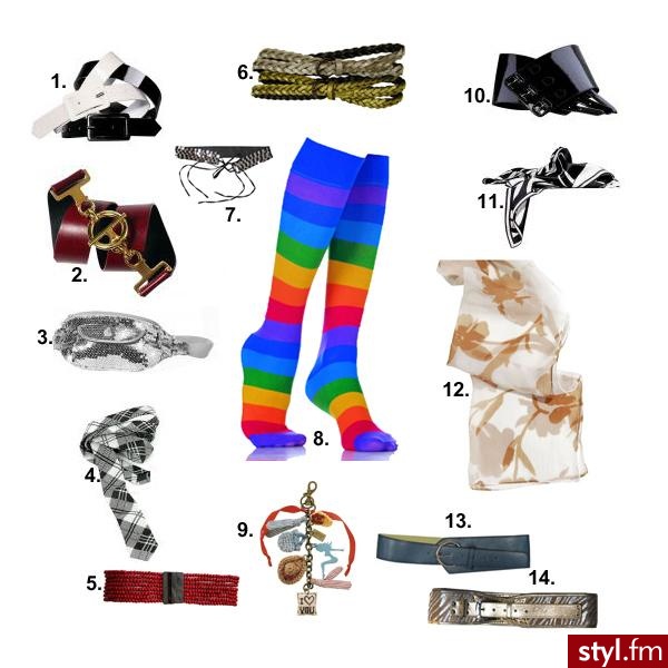 (1) paski H&M, po 69.90 zł (2) pasek H&M, 49.90 zł (3) torebeczka H&M, 59.90 zł (4) krawat Amisu, 29.95 zł (5) pasek Billabong, 109 zł (6) pasek Troll, 34.90 zł (7) pasek Troll (dostępny w 2 kolorach), 34.90 zł (8) podkolanówki Veneziana, 15 z - Gadżety Inne Moda