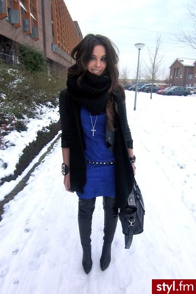warehouse leather drape black jacket 
jimmy choo for h&m suede blue dress 
zara tigh high black boots - Moda uliczna Inne Moda