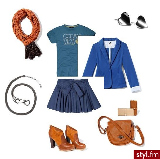 Stylowy granat. Modna spódniczka z pewnością doda seksapilu, a żakiecik doda również trochę elegancji. Dodatki w kolorze brązu wypełnią cały zestaw. - Styler