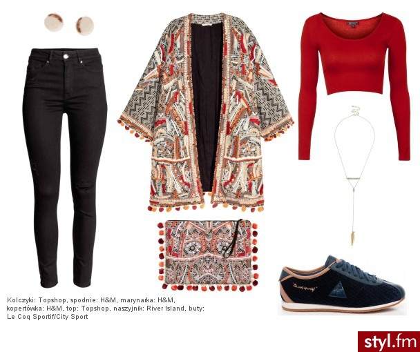 Kolczyki: Topshop, spodnie: H&M, marynarka: H&M, kopertówka: H&M, top: Topshop, naszyjnik: River Island, buty: Le Coq Sportif/City Sport - Styler