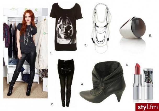 1.       Koszulka z nadrukiem, Topshop, 99 złotych;
2.       Spodnie z imitacji skóry, Topshop, 199 złotych (podobne znajdziecie także w H&M);
3.       Naszyjnik z łańcuchów i sztucznych pereł, River Island, 59 złotych;
4.       Botki, Tally Wejil, - Styler