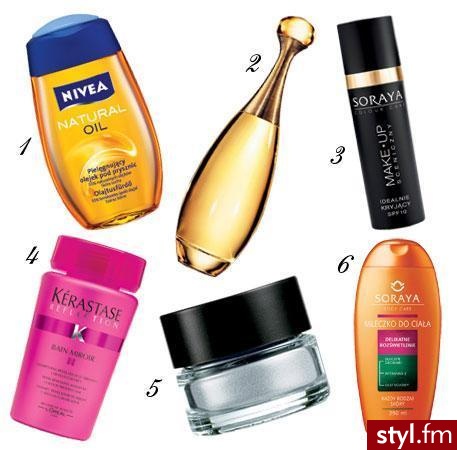 1. Olejek do kąpieli
2. Perfumy J\'Adore diora
3. Podkład sceniczny
4. Szampon Bain Miroir
5. Cień Opalizujących Gosh
6. Mleczko do ciała z drobinkami złota... - Misz-masz