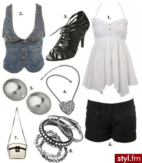 Miss Selfridge. Miss Selfridge 1. bluzeczka £18.00 2. kamizelka £35.00 3. buty £40.00 4. naszyjnik £10.00 5. kolczyki £8.00 6. spodenki £10.00 7. torebka £22.00 8. bransoletki £12.00 - Styler