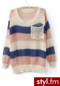 Pink Blue Round Neck Long Sleeve Striped Pockets Cotton Blends Sweaters - Swetry Ciuchy Moda