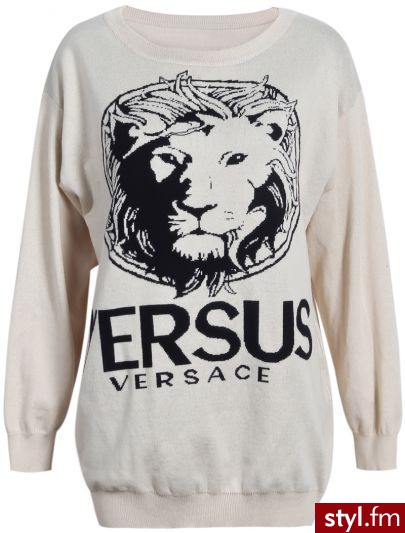 Beige Long Sleeve Lion VERSUS Print Pullover - Swetry Ciuchy Moda