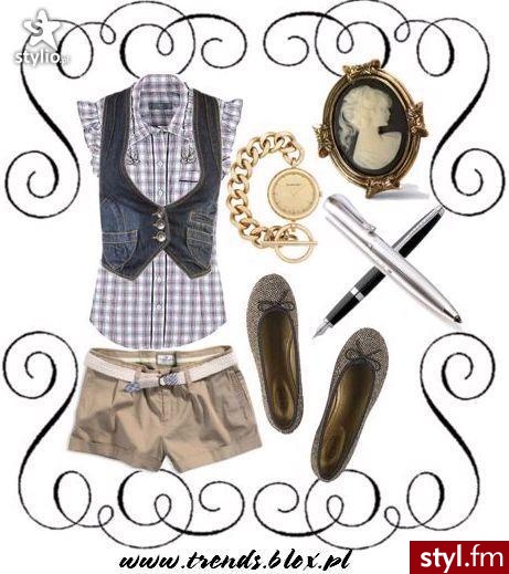 Zegarek - Burberry \'Waterloo\' Ladies\' Bracelet Watch
Szorty - American Eagle 
Buty Baletki - Scoop
Kamizelka - Pintuck Vest
Koszula - Net-a-Porter
Broszka - Cameo brooch 
Pióro i długopis - John Levis & ShopBees - Styler