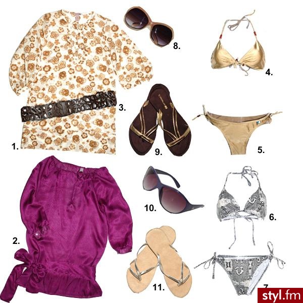 Złoto i srebro na plaży
(1) tunika H&M, 139 zł (2) tunika Mango, 209 zł (na wyprzedaży za 125 zł!) (3) pasek Reserved, 49 zł (4) góra od bikini Reserved, 39 zł (5) dół od bikini Reserved, 29 zł (6) góra od bikini Reserved, 34 zł (7) dół od bikini Res - Pozostałe Ciuchy Moda