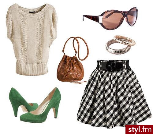 Dzianinowy top 79 zł, okulary ok. 45 zł Promod, spódnica 99 zł, torebka 99 zł H&M, zielone buty 289 zł Dots (www.butyk.pl) - Styler