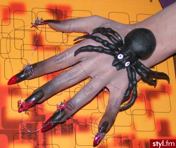 pająki haloweenowe. Praca konkursowa wykonana na haloween :)
Praca wykonana z akrylu (czerwonego i czarnego firmy Strata), pajeczyna z srebrnej nitki z poprzyklejanym gdzieniegdzie bulionem :) Duzy pająk to gumowa zabawka. - Paznokcie