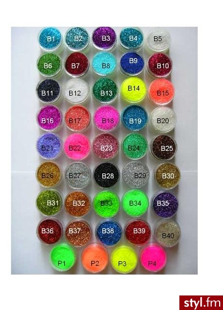 Aż 44 kolory :

B1-niebieski(turkus)
B2- niebieski jaśniejszy
B3-fiolet
B4-niebieski
B5-biały opalizujący na złoto
B6-zielony hologram-mieni się wszystkimi kolorami
B7-czerwony ciemny mieniący się
B8-jasny niebieski
B9-granat
B10-czerwony
B11- - Paznokcie