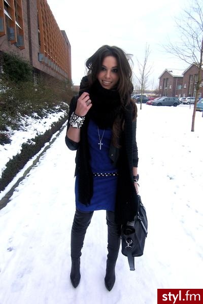 warehouse leather drape black jacket 
jimmy choo for h&m suede blue dress 
zara tigh high black boots - Moda uliczna Inne Moda